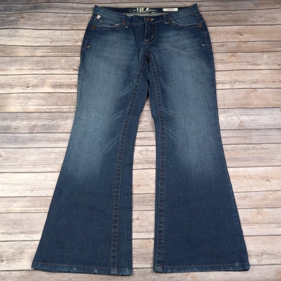 !It Jeans Baby Low Rise Flare 30 Distressed Dark Wash Contrast Stitching - Picture 3 of 7
